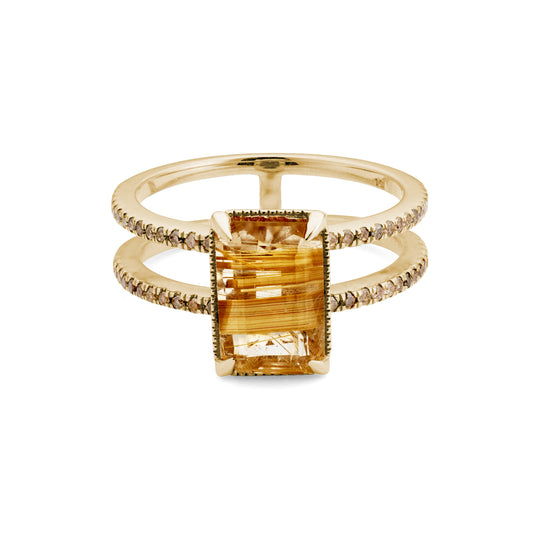 Double band Gisele ring with champagne diamonds and a gold rutile quartz on white background.