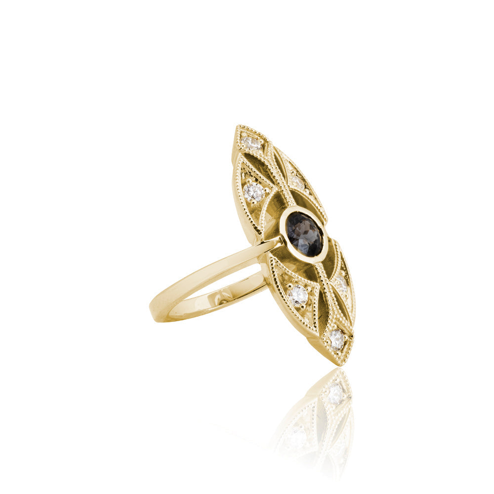 Side shot of yellow gold spinel ring