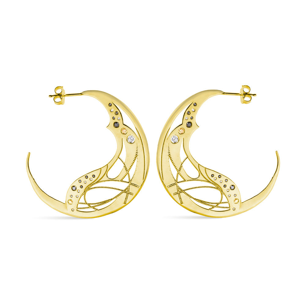Yellow gold diamond hoops on a white background