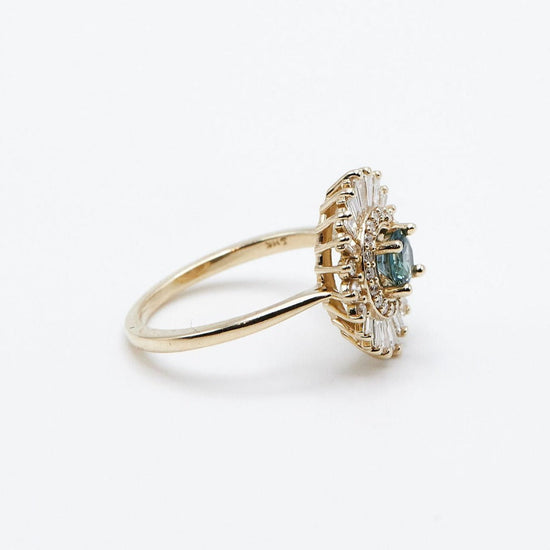 Beyoncé Teal Sapphire + Diamond Halo Engagement Ring