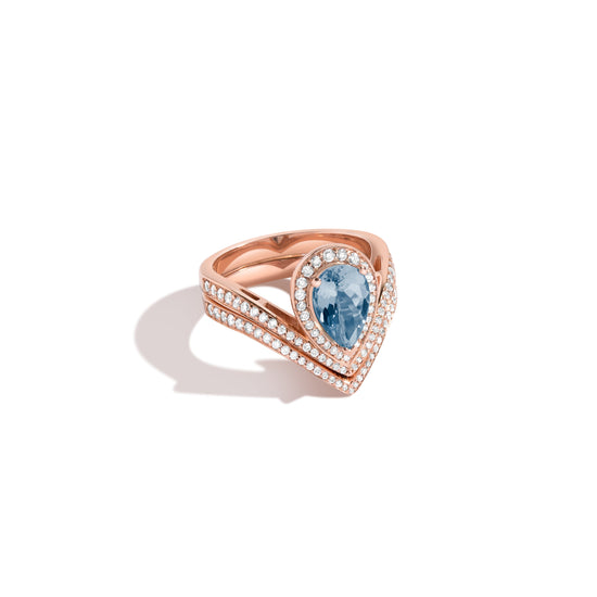 Aquamarine + Diamond V Ring Set