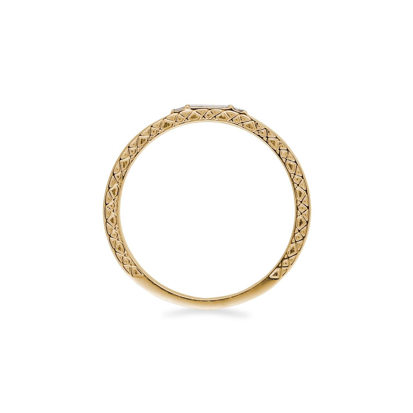 Side view 14k yellow gold band with textured side detail and baguette diamonds on white background.
