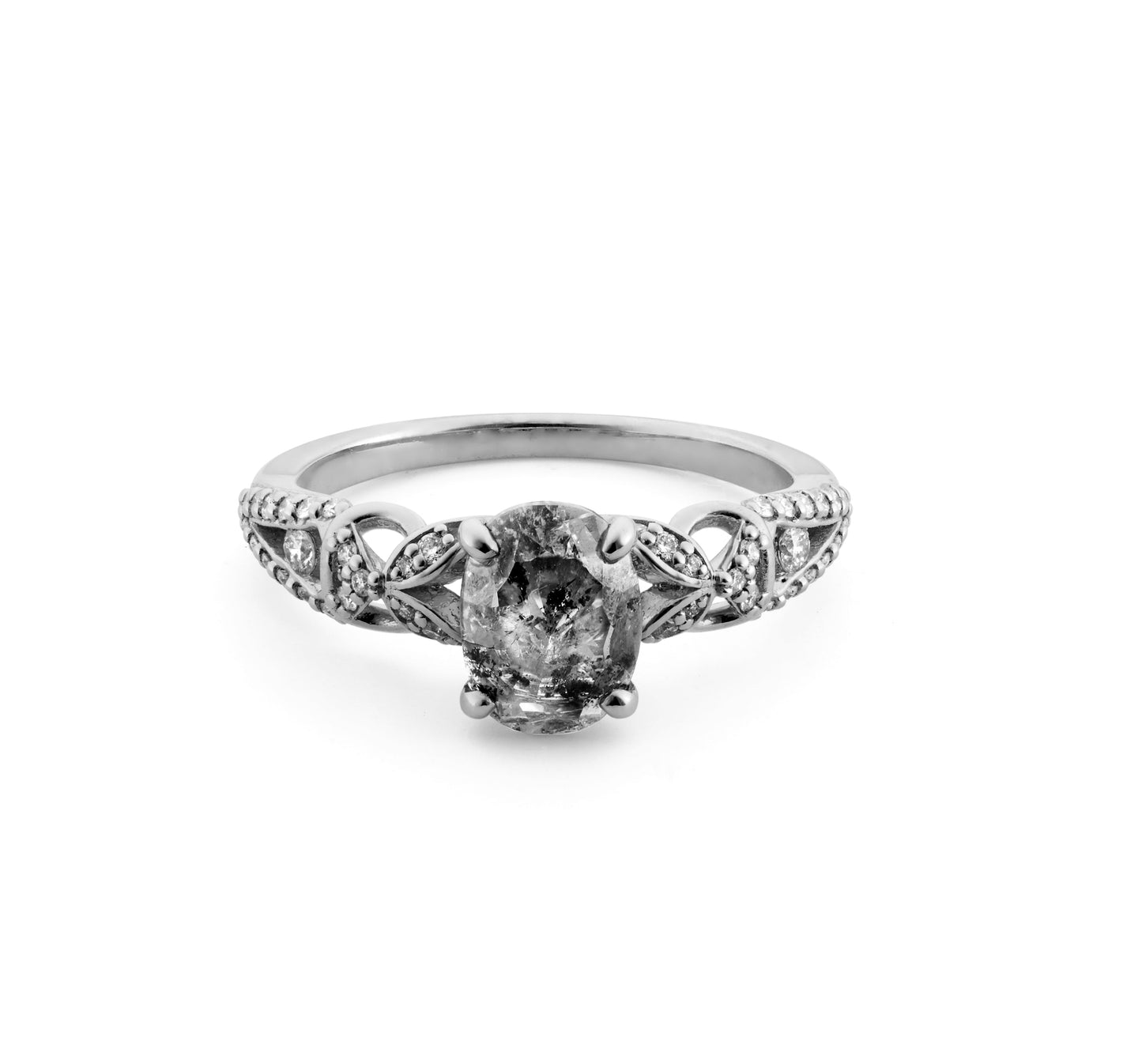 Load image into Gallery viewer, The Viviana Ring in 14k white gold with a salt and pepper diamond.
