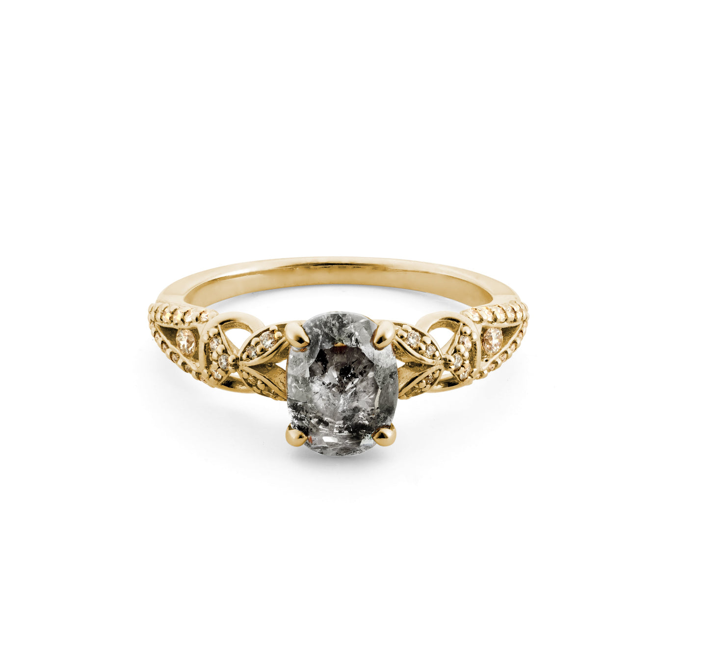 The Viviana Ring in 14k yellow gold with a salt and pepper diamond.