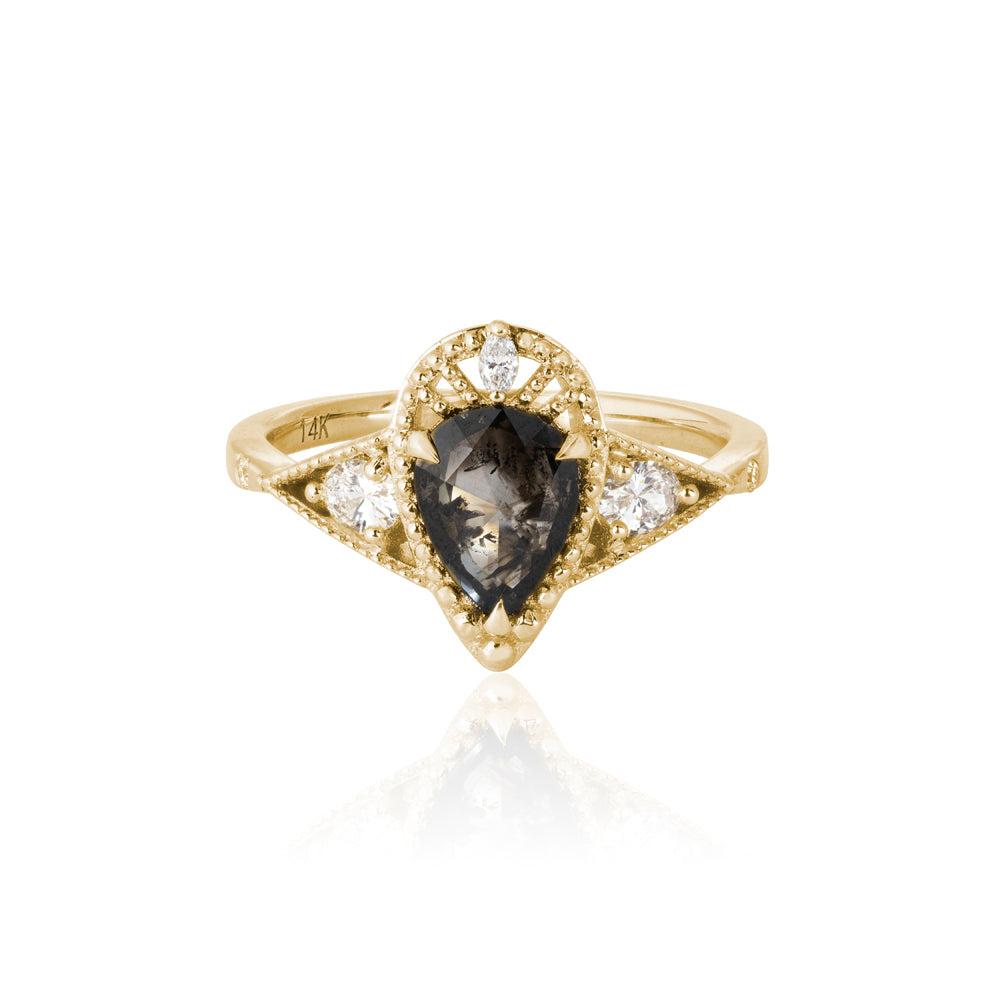 Salt and pepper diamond ring in yellow gold on a white background 