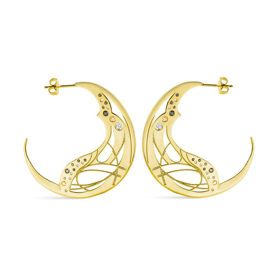 Yellow gold diamond hoops on a white background