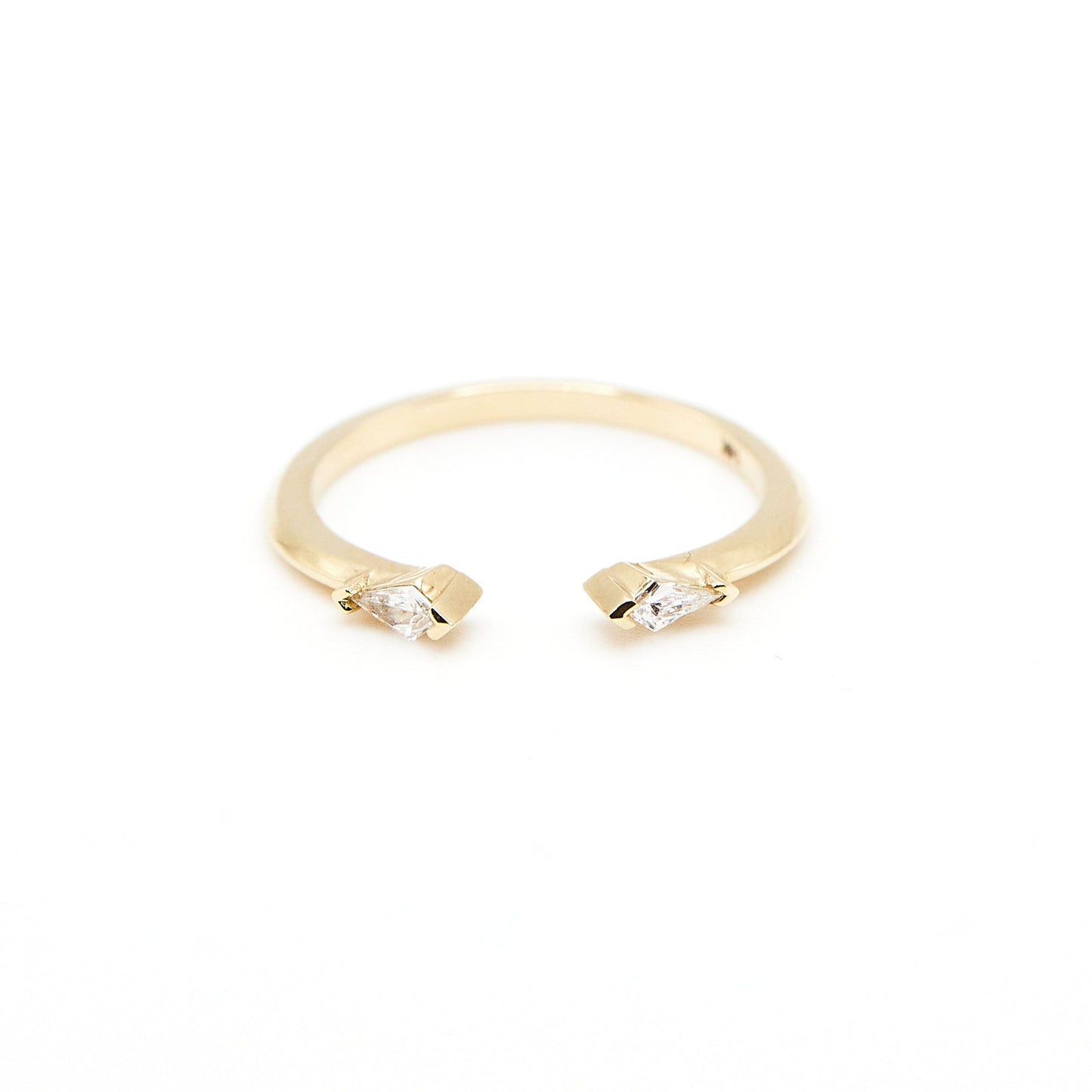 14k yellow gold open band with two kite shaped white diamonds