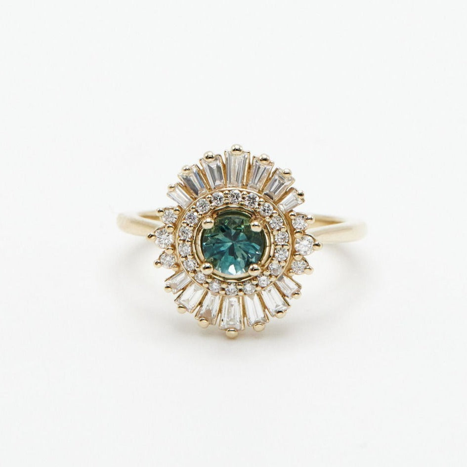 Beyoncé Teal Sapphire + Diamond Halo Engagement Ring