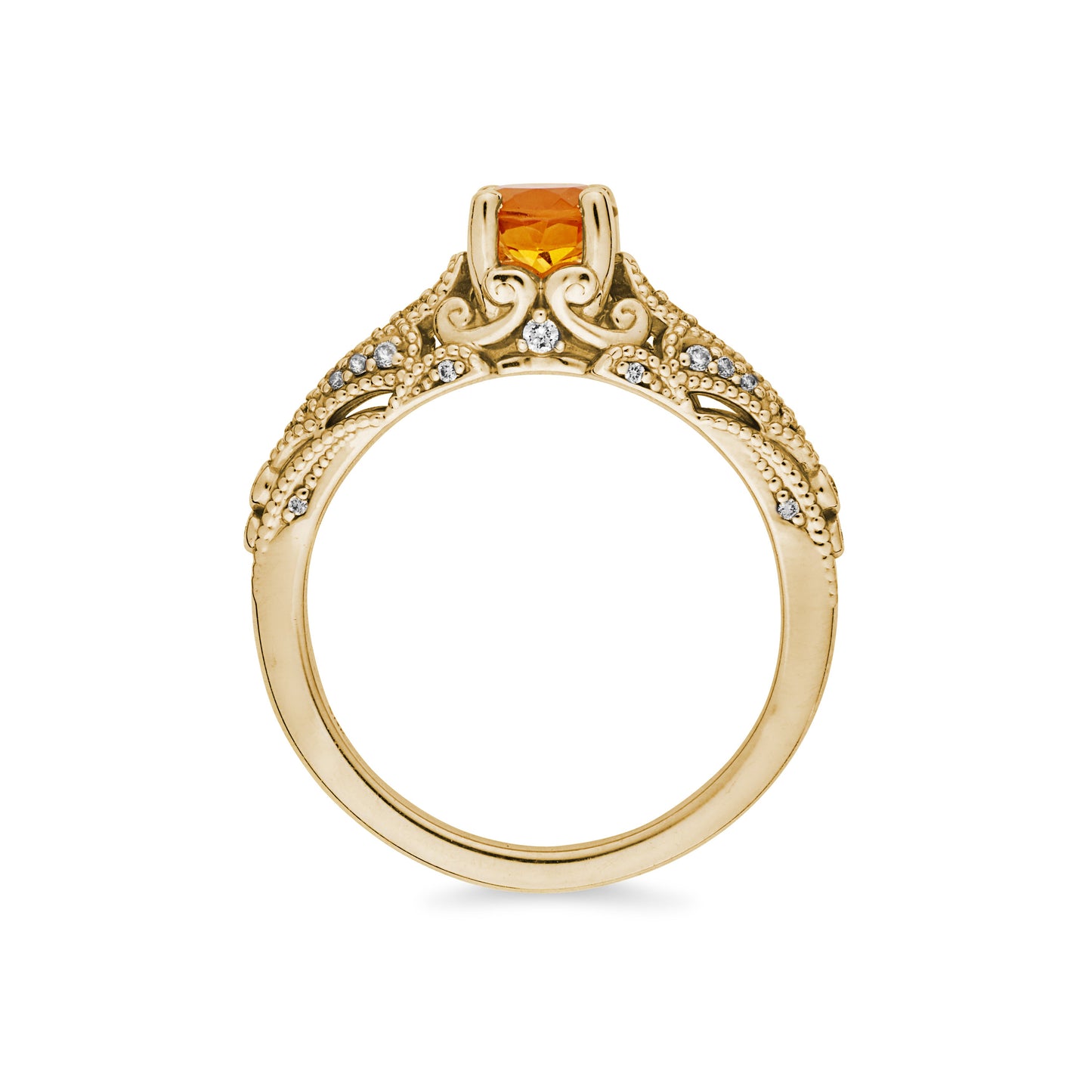 Side view of the Citrine Maharaja engagement ring on white background.